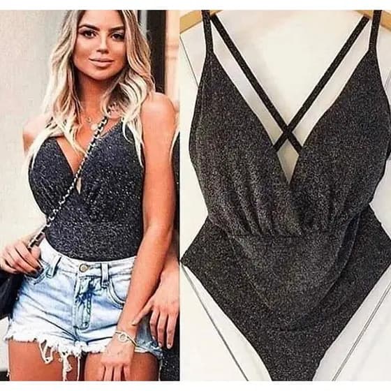 Body Blusa Feminina Lurex Alça Fina Decotado V Brilho Festa Blogueiras