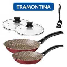 Frigideira Antiaderente Tramontina  Com Tampa de Vidro  jogo 2 Peças Serie Especial + espatula