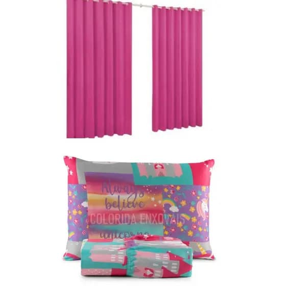 Kit Cortina 2,00x1,40 Decoração + Jogo De Lençol Solteiro 2 Peças