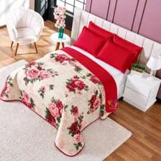 Kit Colcha Cobre Leito Casal 3 Peças  Dupla Face Matelado Estampado - Alice