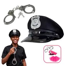Fantasia Policial Carnaval Saia Tule Kit Policia com Algemas Quepe Saia Festa Cosplay Preto e Rosa