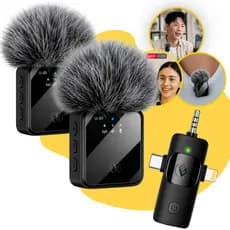 Microfone Sem Fio Lapela Duplo Profissional iPhone Android USB-C Lightning Celular Gravação Redondo