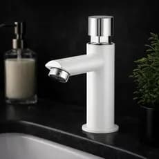 Torneira Bancada Automática Branca Abs Com Arejador Semi Luxo Acabamento Cromado