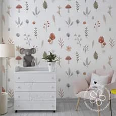 Papel de Parede Infantil Aquarela de Folhas e Cogumelos