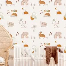 Papel de Parede Infantil Boho de Dinossauros e Arco Íris em Tons Terrossos