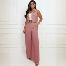 Conjunto Linho Colete e Calça Cintura Alta Elegante Feminino