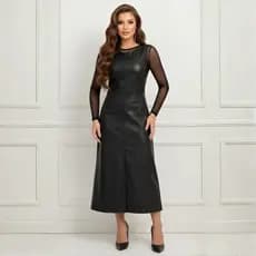 Conjunto Body Tule ou Renda e Vestido Longuete Couro Evangélica Moda Outono