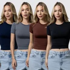 Kit 4 Baby Tee Feminina - Blusa Slim Fit Manga Curta Blusa de Compressão Várias Cores Ajuste Perfeito