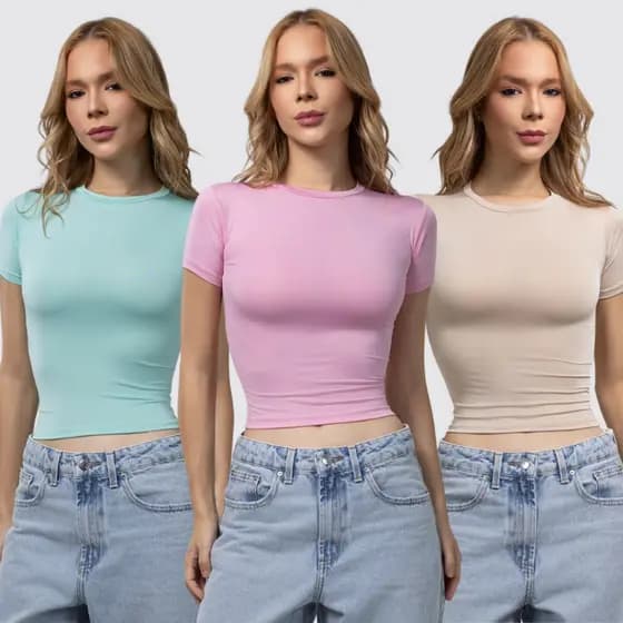 Kit 3 Baby Tee Feminina - Blusa Slim Fit Manga Curta Blusa de Compressão Várias Cores Ajuste Perfeito Candy Color