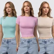Kit 3 Baby Tee Feminina - Blusa Slim Fit Manga Curta Blusa de Compressão Várias Cores Ajuste Perfeito Candy Color