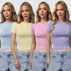 Kit 4 Baby Tee Feminina - Blusa Slim Fit Manga Curta Blusa de Compressão Várias Cores Ajuste Perfeito Candy Color