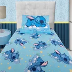 Jogo De Cama Stitch Solteiro Azul Lençol Sonhos Disney