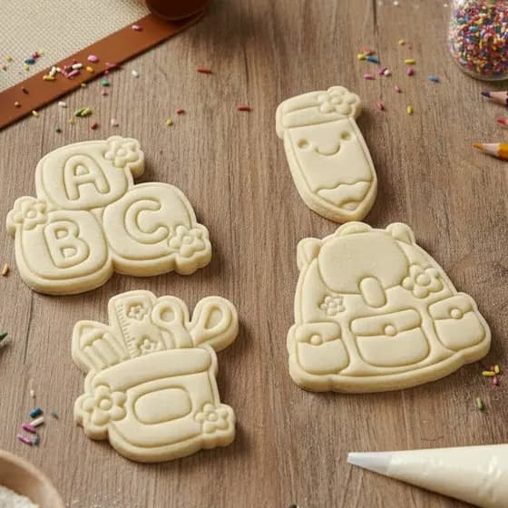 Volta às Aulas/Escolar Kit Cortadores de Biscoito (4 Peças): Mochila, Lápis, ABC e Material Escolar | Molde para Cookies