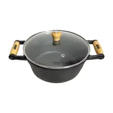 Panela Caçarola De Ferro Alça de Madeira C/ Tampa Vidro 24cm
