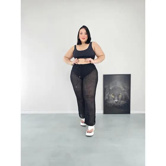 Saida de Praia Calça Plus Size Trico Transparente Tamanhos Grande Moda Gringa