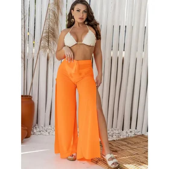 Saída de Praia Feminina Calça Transparente Com Fenda Piscina