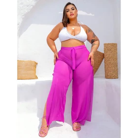 Saida de Praia Calça Feminina Plus Size Pantalona Transparente Com Fenda Moda Gringa