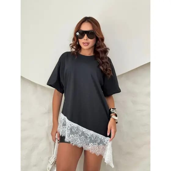 Blusa Feminina Algodão com Renda Barra Assimétrica Moda Casual Basica Varias Cores