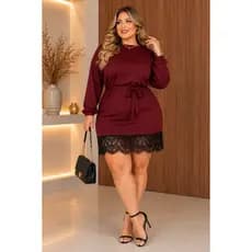Vestido Plus Size  Manga Longa Elegante Acompanha Cinto