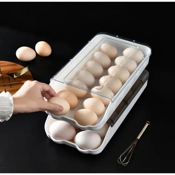 Organizador de Ovos Dispenser Rolante Branco Acrílico com Tampa/Porta Ovos Organizador de Geladeira Bandeja