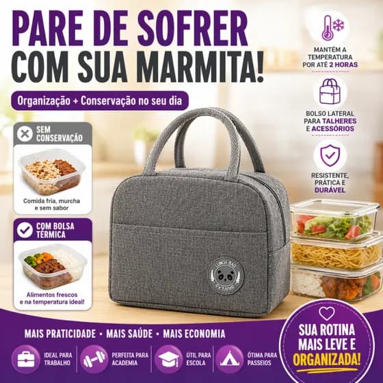 Bolsa Térmica Marmita com Bolso Lateral Lancheira Térmica Grande para Trabalho Academia