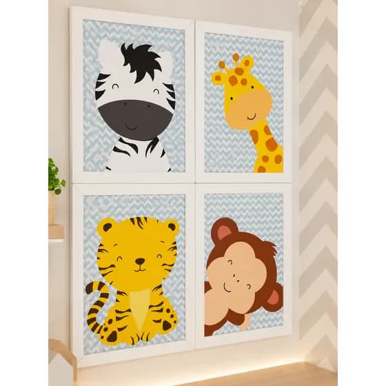 Kit 4 Quadros Safari Infantil em MDF e Acrílico | Zebra, Girafa, Tigre e Macaco para Quarto de Bebê