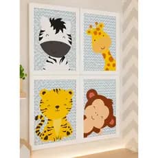 Kit 4 Quadros Safari Infantil em MDF e Acrílico | Zebra, Girafa, Tigre e Macaco para Quarto de Bebê