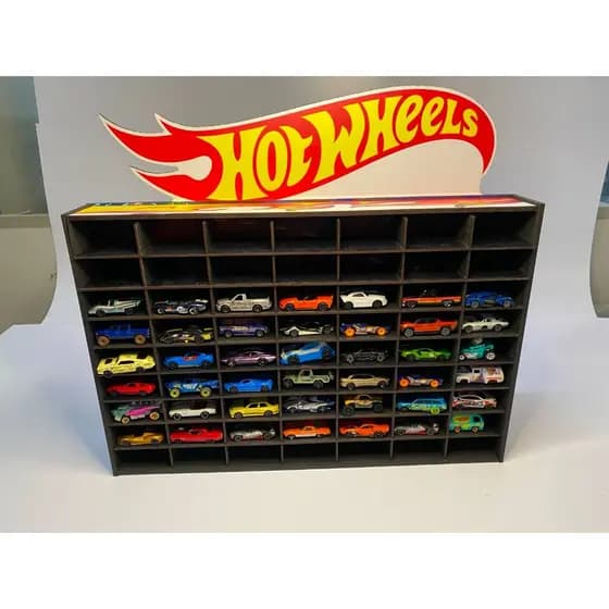 Expositor Hot Wheels em MDF para 63 Carrinhos | Organizador Coleção Desmontável | Nichos para Miniaturas