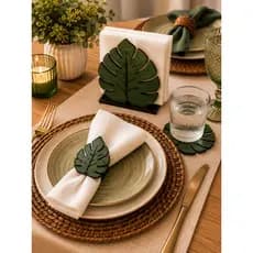 Kit Mesa Posta Folha Tropical em MDF – Porta Guardanapo + Porta-Copos Folha | Kit com 4 ou 6 Unidades