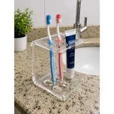 Porta Escova e Pasta de Dente em Acrílico Transparente | Organizador de Bancada para Banheiro