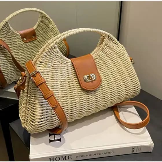 Bolsa de praia tecida bolsa de ombro portátil bolsa de vime bolsa europeia e americana para mulheres