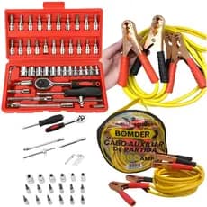 Kit Emergência Veicular Cabo Bateria Chupeta 800 Amp 2,5m + Maleta de Ferramentas 46 Peças Catraca