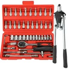 Kit Ferramentas 46 Peças + Rebitadeira Alavanca Soquetes Chave Catraca OU Rebitador Manual Alicate