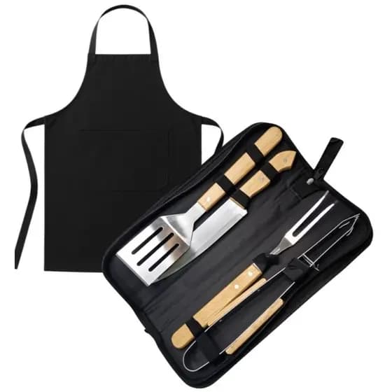 Kit Churrasco Madeira Faca Garfo Espátula Pegador + Avental Oxford Unissex Preto Bolso Grande