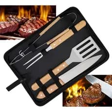 Kit Churrasco 4 Peças Inox com Estojo Madeira Presente Gourmet Faca Garfo Espátula Pegador