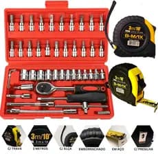 Jogo Chave Catraca Reversível 1/4 46 Peças + Trena B-Max 3m Fita Aço Maleta Profissional Compacta