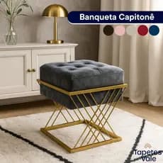 Banqueta Puff Quadrado Capitonê Base Dourada Veludo D28 Suporta Até 120kg