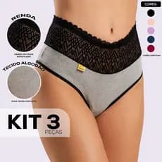 Kit 3 Calcinhas 100% Algodão com Cós Alto em Renda Feminina Transparente Atacado