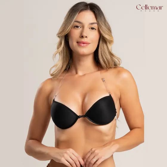Sutiã com Bojo Liso Alça Transparente e Removível Fivela Frontal Costas de Silicone Tomara que Caia