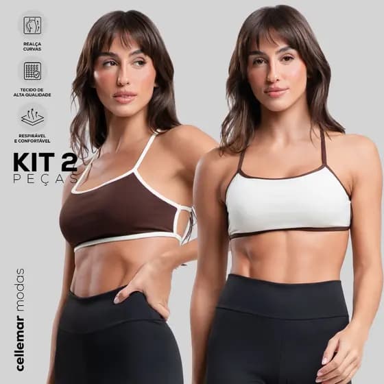 Kit 2 Tops Fitness Academia Bicolor Costa Nua Alça Cruzada Com Forro e Abertura Para Bojo Cellemar