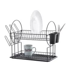 Escorredor de louça 2 andar cor preto Aço inox com suporte de 6 copos cesto de talheres removiveis