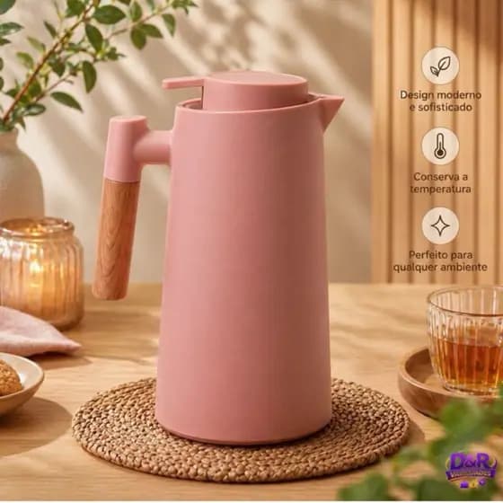 Garrafa de Café Térmica Rosa C/ Cabo de Madeira 1L