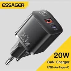 Carregador USB + Tipo C Essager GaN Carregador Rapido QC3.0 20w P/Android e IOS