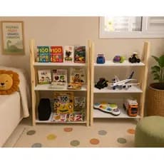 Estante Infantil Emma e Estante Livreiro Malu Infantil Decoração Cor Branco e Pés em Madeira Cor Natural