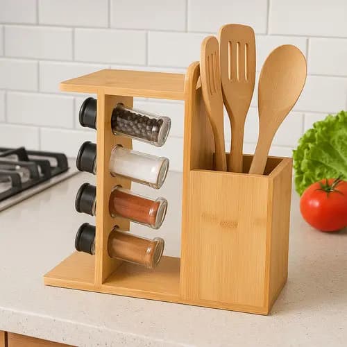 Porta Tempero Utensilios Bambu Ecoliven 4 Pote 2 Colheres 1 Espátula Porta Condimentos Organizador Porta Utensílios