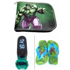 Chinelo , carteira e relogio a prova d agua infantil menino do Hulk , um super presente para seu filho brincar e aprender