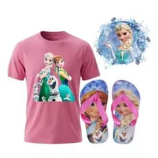 Chinelo infantil e camisa feminina frozen , solado macio e confortável ,tecido leve 100% algodão 30.1 , nao encolhe
