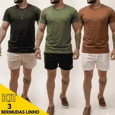 Kit 3 Bermuda de Linho Masculino Promoção Shorts de Linho Casual Estilo Moda Praia
