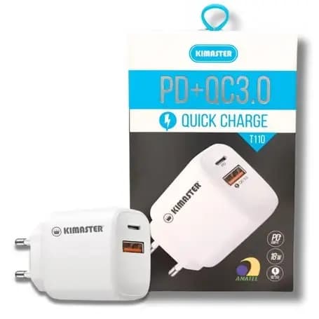 FONTE CARREGADOR TURBO 40W TIPO C + USB QUICK CHARGE PD QC 3.0 CARREGAMENTO RAPIDO E SEGURO KIMASTER T110 POWER DUO