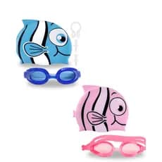 Kit Natação Infantil Peixe Rosa Azul Menino MeninaTouca Toca Óculos Mergulho Silicone Protetor 5 Peças